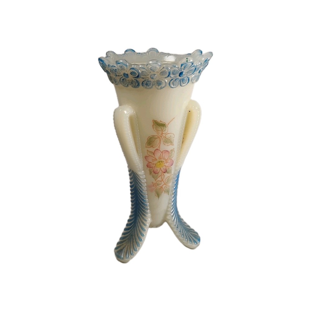 Glass Vase On Petal Feet Victorian Decorated USA Vermont Pattern, 6.5" Uranium?
